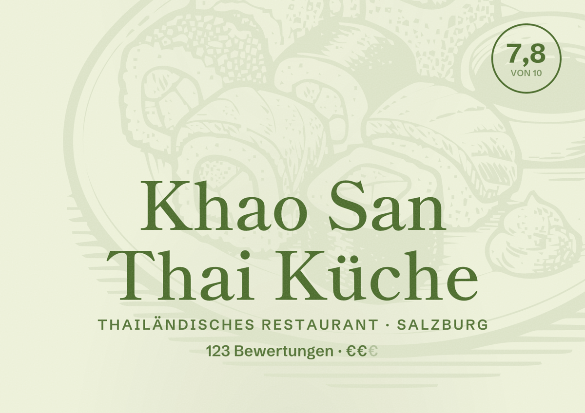 Illustriertes Poster von Khao San Thai Küche, Thailändisches Restaurant in Salzburg: Bewertung 7,8 von 10 aus 123 Bewertungen, Preisniveau €€