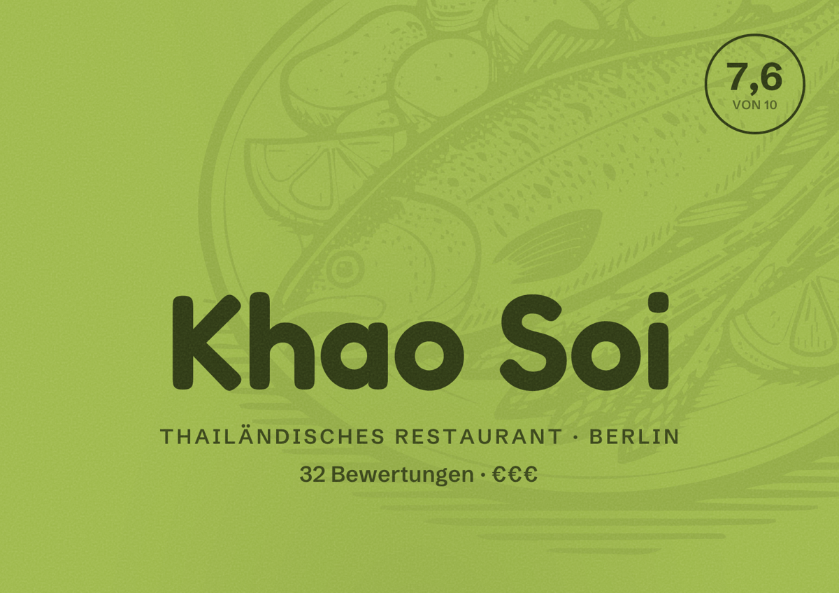 Illustriertes Poster von Khao Soi, Thailändisches Restaurant in Berlin: Bewertung 7,6 von 10 aus 32 Bewertungen, Preisniveau €€€