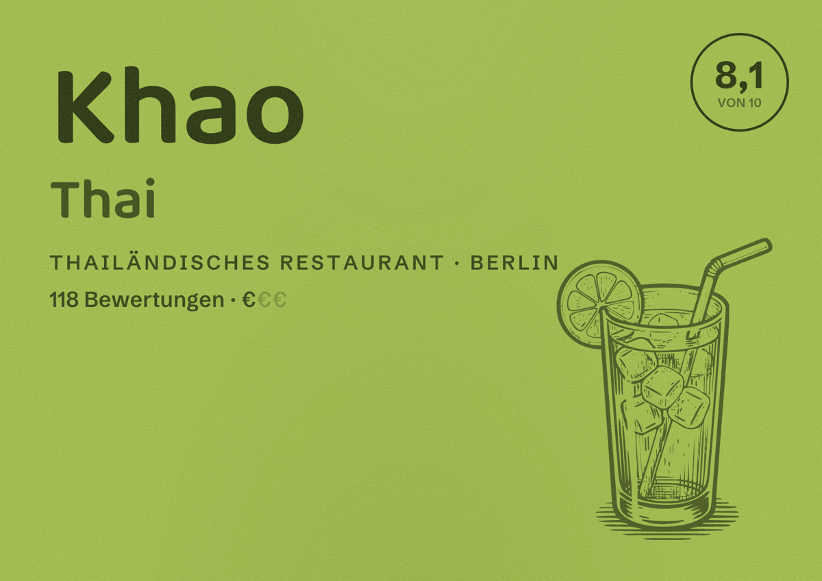 Illustriertes Poster von Khao Thai, Thailändisches Restaurant in Berlin: Bewertung 8,1 von 10 aus 118 Bewertungen, Preisniveau €