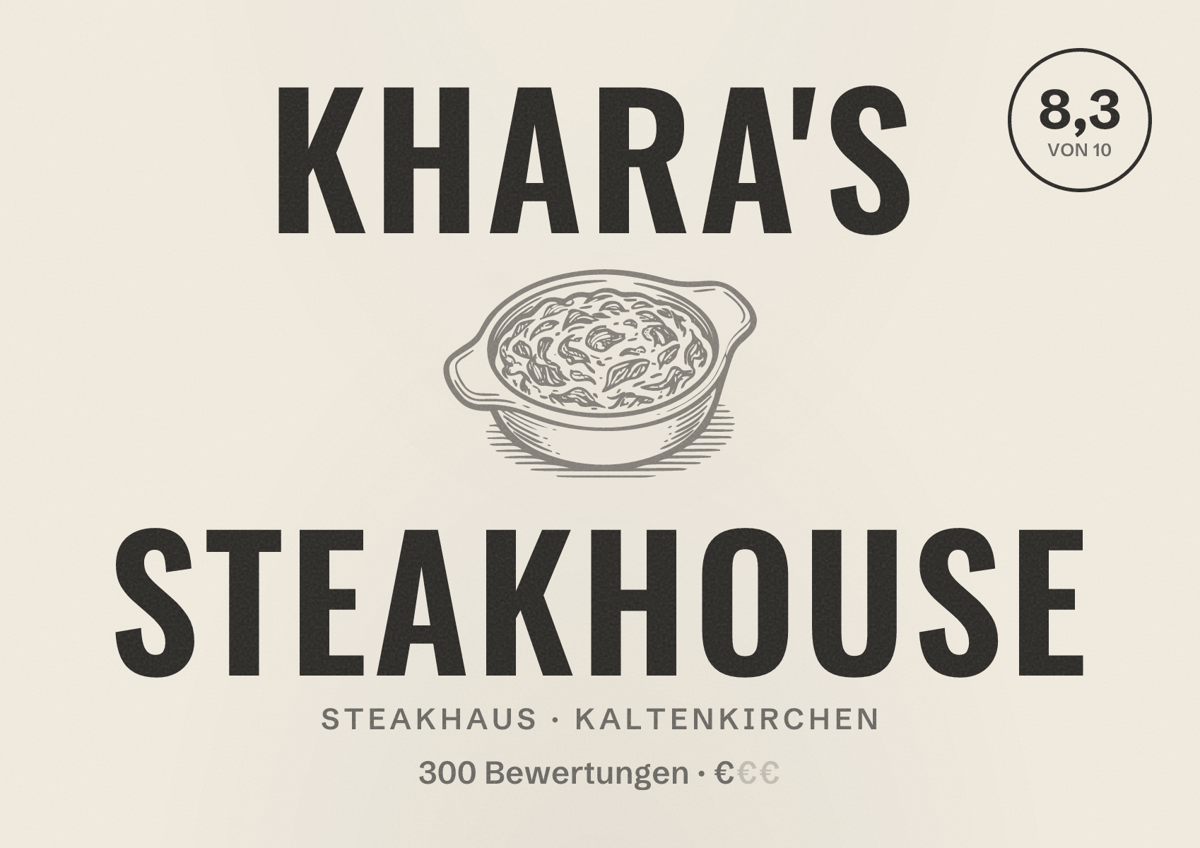 Illustriertes Poster von Khara's Steakhouse, Steakhaus in Kaltenkirchen: Bewertung 8,3 von 10 aus 300 Bewertungen, Preisniveau €
