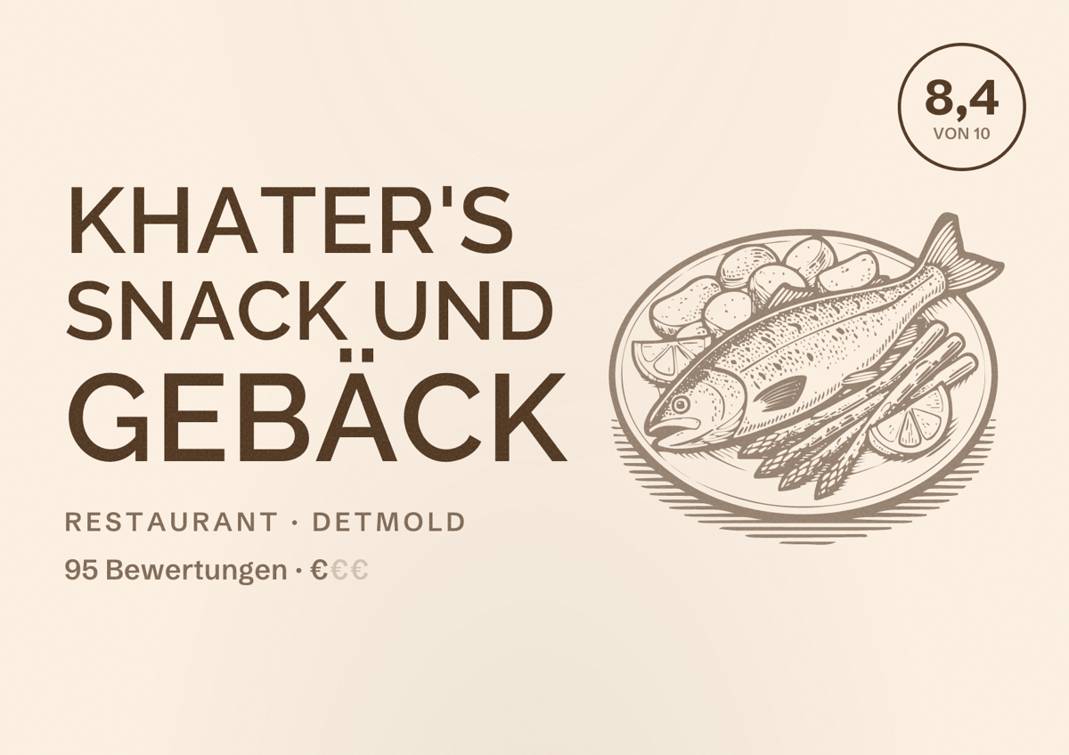 Illustriertes Poster von Khater's Snack und Gebäck, Restaurant in Detmold: Bewertung 8,4 von 10 aus 95 Bewertungen, Preisniveau €
