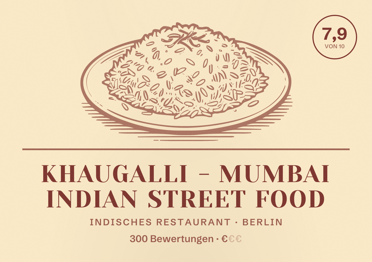 Illustriertes Poster von Khaugalli - Mumbai Indian Street Food, Indisches Restaurant in Berlin: Bewertung 7,9 von 10 aus 300 Bewertungen, Preisniveau €