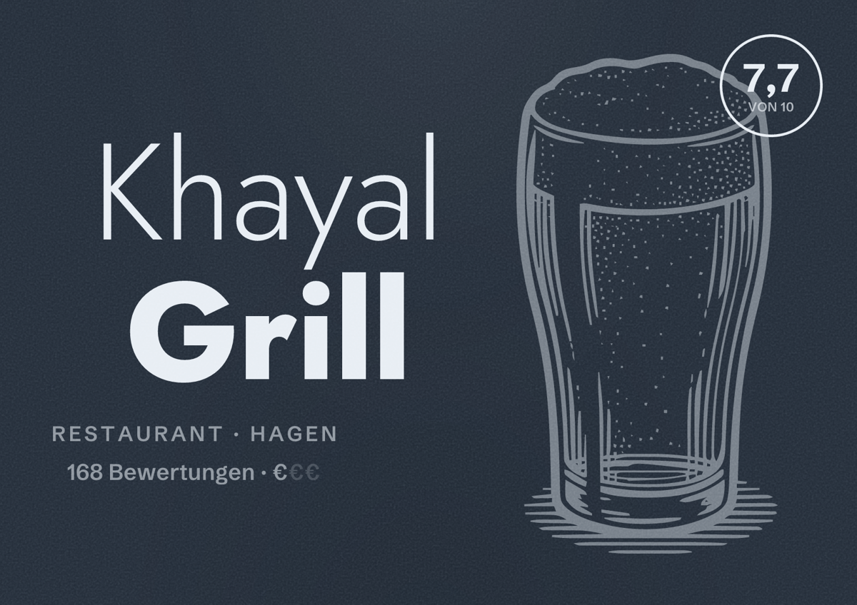 Illustriertes Poster von Khayal Grill, Restaurant in Hagen: Bewertung 7,7 von 10 aus 168 Bewertungen, Preisniveau €