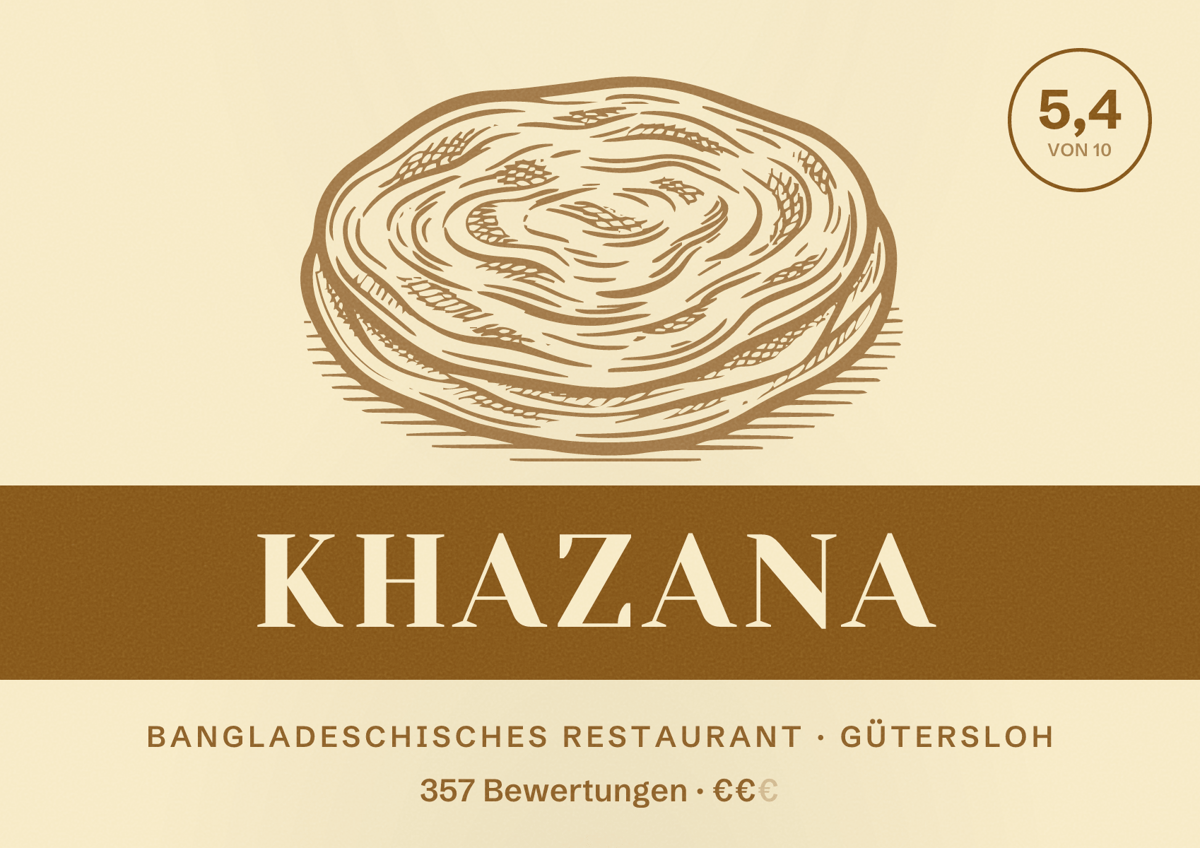 Illustriertes Poster von Khazana, Bangladeschisches Restaurant in Gütersloh: Bewertung 5,4 von 10 aus 357 Bewertungen, Preisniveau €€