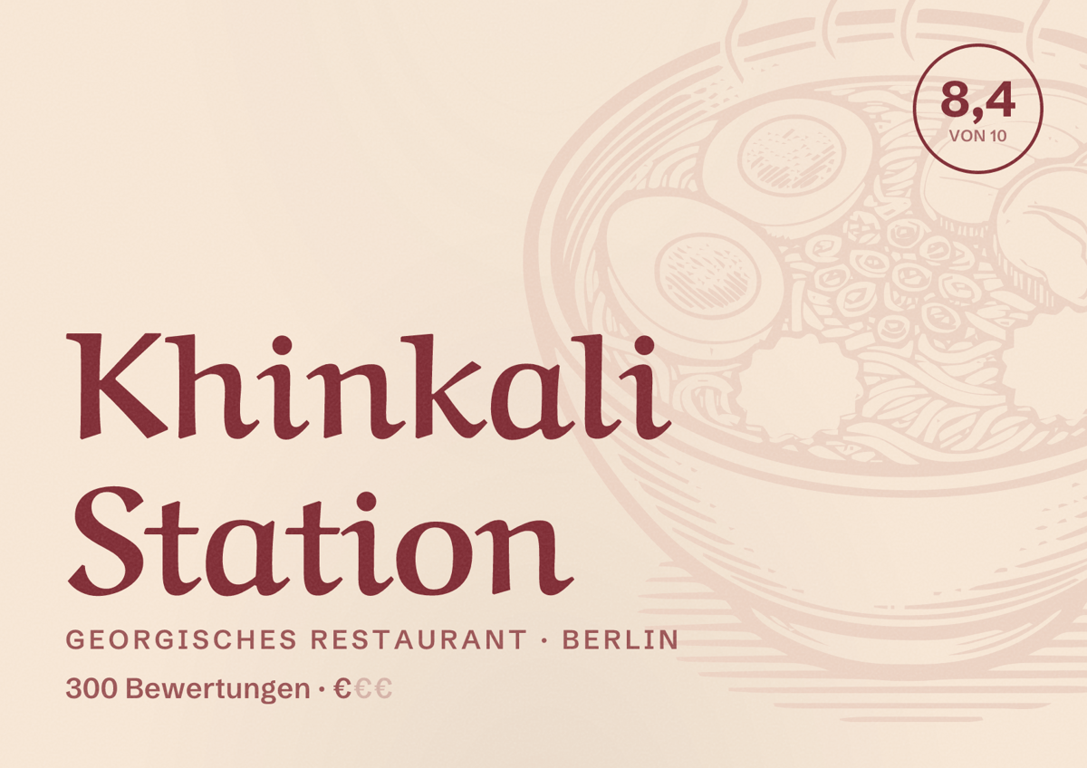 Illustriertes Poster von Khinkali Station, Georgisches Restaurant in Berlin: Bewertung 8,4 von 10 aus 300 Bewertungen, Preisniveau €