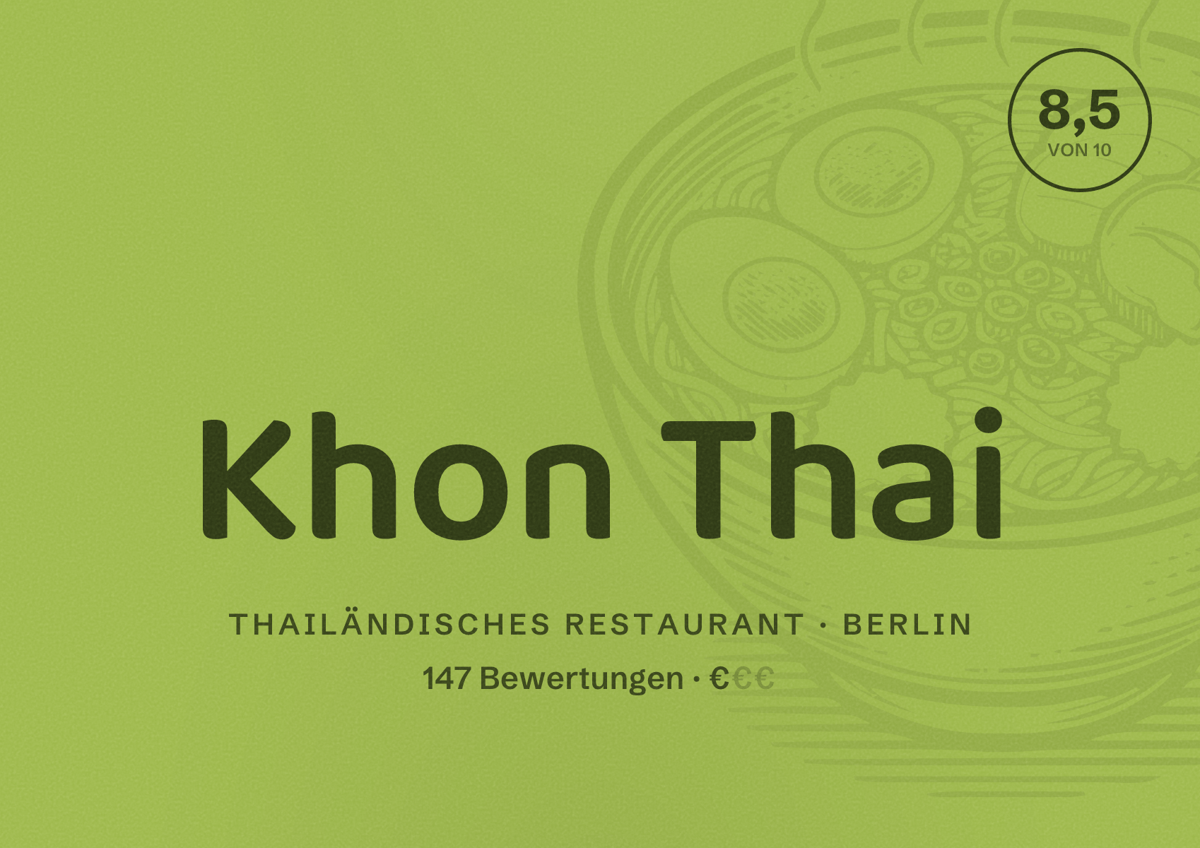 Illustriertes Poster von Khon Thai, Thailändisches Restaurant in Berlin: Bewertung 8,5 von 10 aus 147 Bewertungen, Preisniveau €