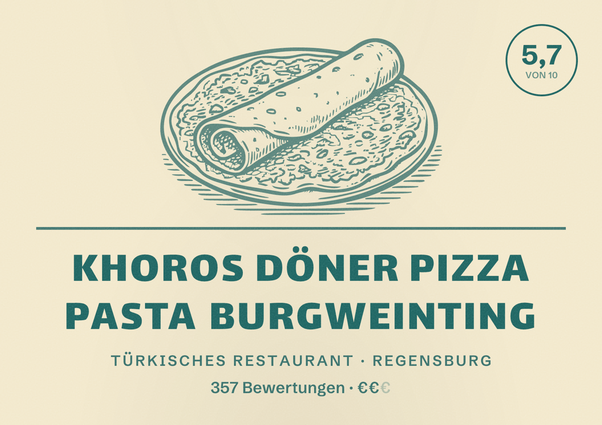 Illustriertes Poster von Khoros Döner Pizza Pasta Burgweinting, Türkisches Restaurant in Regensburg: Bewertung 5,7 von 10 aus 357 Bewertungen, Preisniveau €€