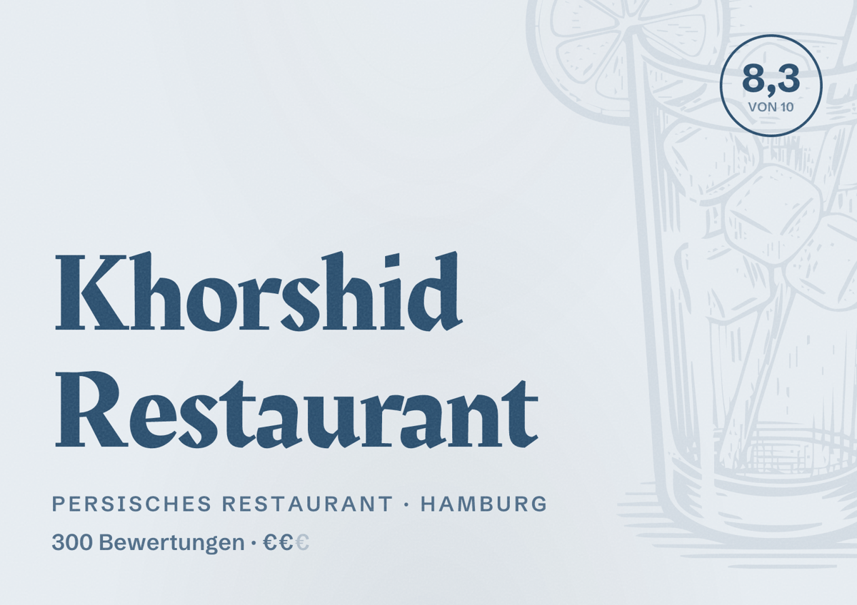 Illustriertes Poster von Khorshid Restaurant, Persisches Restaurant in Hamburg: Bewertung 8,3 von 10 aus 300 Bewertungen, Preisniveau €€