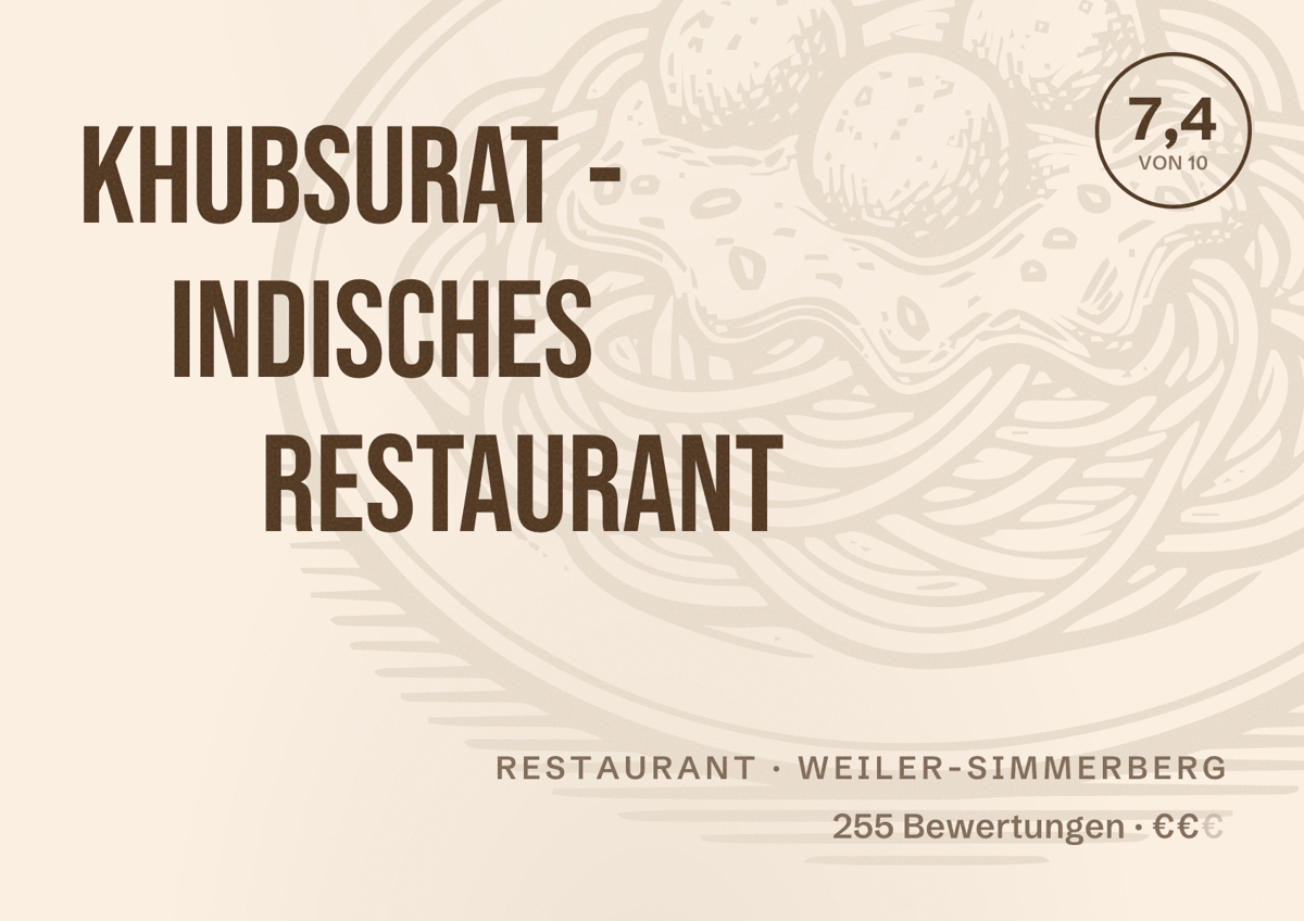 Illustriertes Poster von Khubsurat - Indisches Restaurant, Restaurant in Weiler-Simmerberg: Bewertung 7,4 von 10 aus 255 Bewertungen, Preisniveau €€
