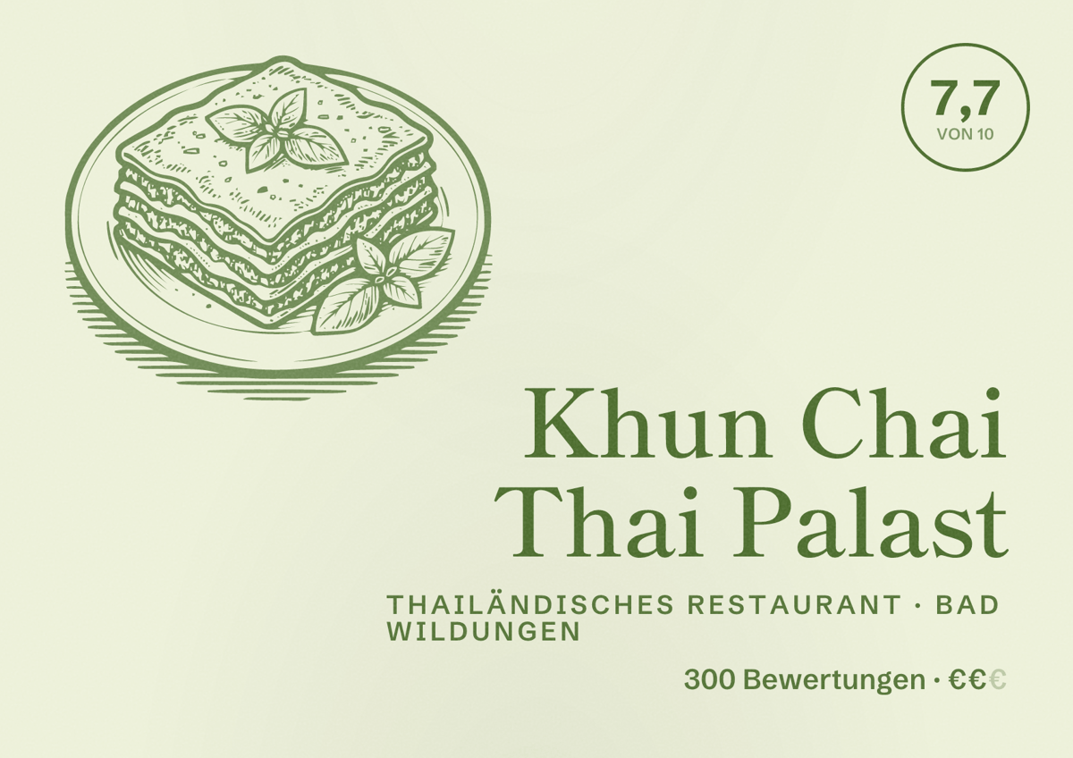 Illustriertes Poster von Khun Chai Thai Palast, Thailändisches Restaurant in Bad Wildungen: Bewertung 7,7 von 10 aus 300 Bewertungen, Preisniveau €€