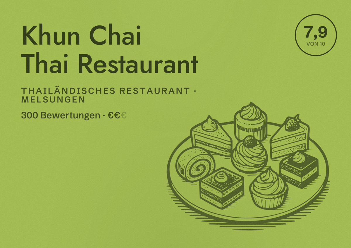 Illustriertes Poster von Khun Chai Thai Restaurant, Thailändisches Restaurant in Melsungen: Bewertung 7,9 von 10 aus 300 Bewertungen, Preisniveau €€