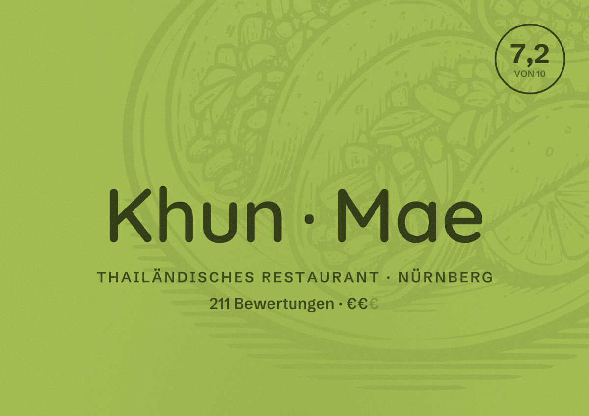 Illustriertes Poster von Khun Mae, Thailändisches Restaurant in Nürnberg: Bewertung 7,2 von 10 aus 211 Bewertungen, Preisniveau €€