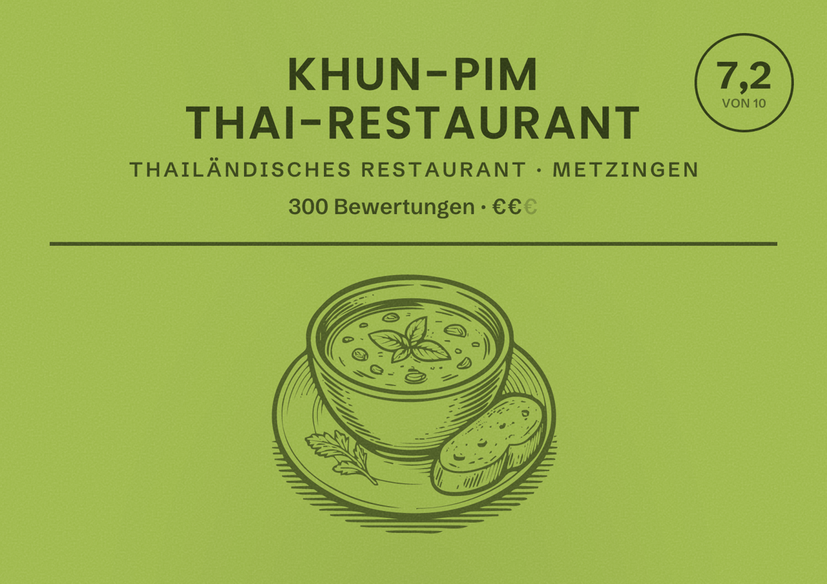 Illustriertes Poster von Khun-Pim Thai-Restaurant, Thailändisches Restaurant in Metzingen: Bewertung 7,2 von 10 aus 300 Bewertungen, Preisniveau €€