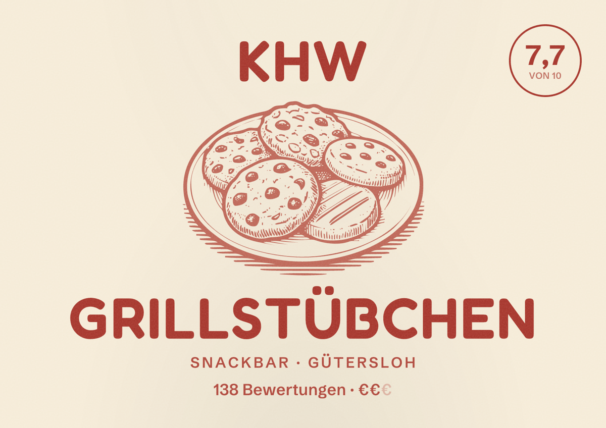 Illustriertes Poster von KHW Grillstübchen, Snackbar in Gütersloh: Bewertung 7,7 von 10 aus 138 Bewertungen, Preisniveau €€