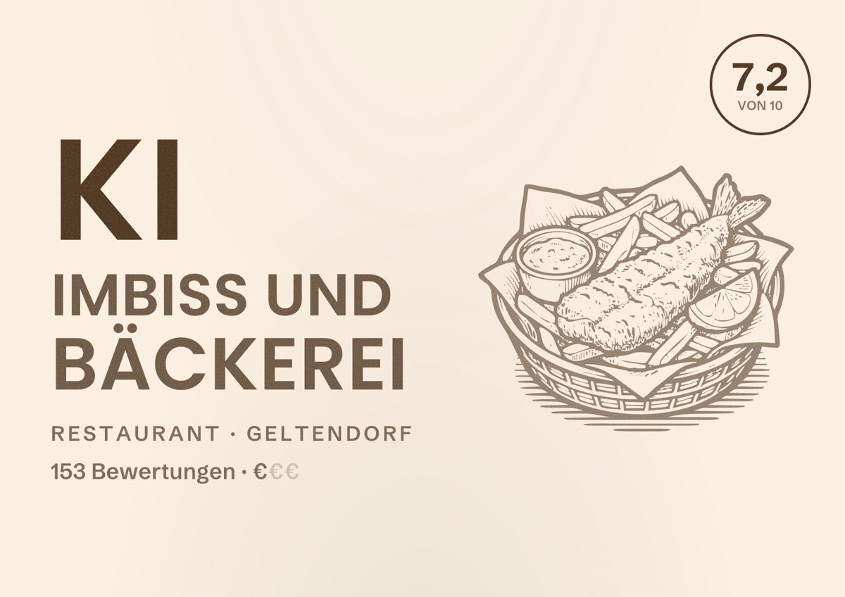 Illustriertes Poster von KI Imbiss und Bäckerei, Restaurant in Geltendorf: Bewertung 7,2 von 10 aus 153 Bewertungen, Preisniveau €
