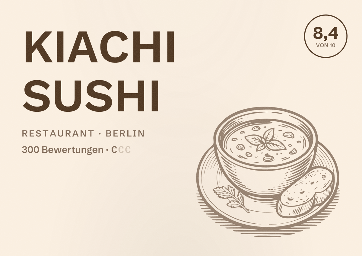 Illustriertes Poster von KIACHI SUSHI, Restaurant in Berlin: Bewertung 8,4 von 10 aus 300 Bewertungen, Preisniveau €