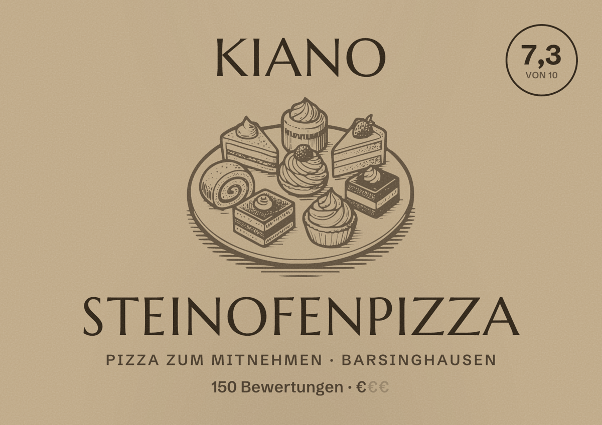 Illustriertes Poster von Kiano Steinofenpizza, Pizza zum Mitnehmen in Barsinghausen: Bewertung 7,3 von 10 aus 150 Bewertungen, Preisniveau €