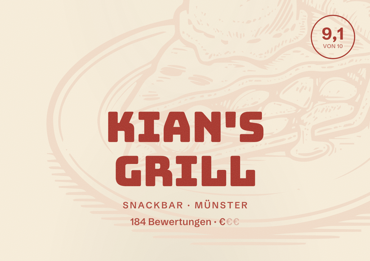 Illustriertes Poster von Kian's Grill, Snackbar in Münster: Bewertung 9,1 von 10 aus 184 Bewertungen, Preisniveau €