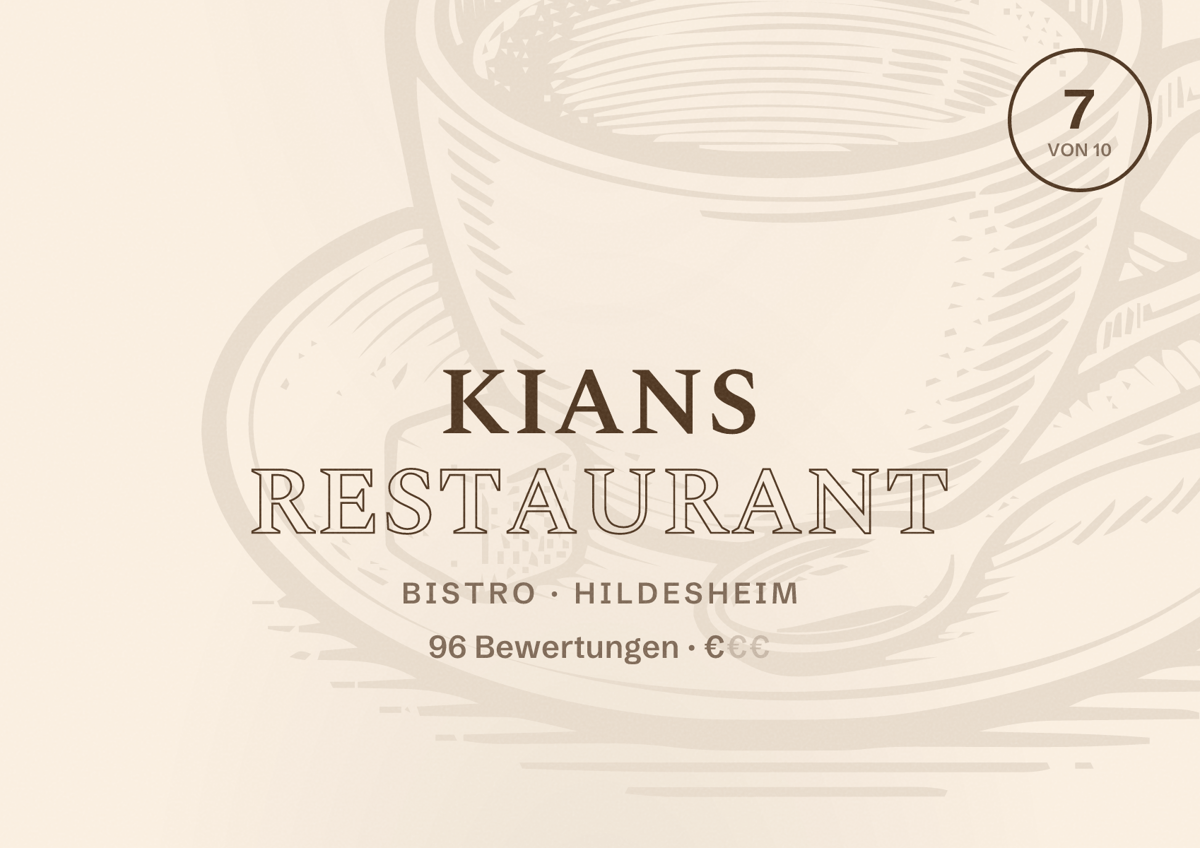 Illustriertes Poster von Kians Restaurant, Bistro in Hildesheim: Bewertung 7 von 10 aus 96 Bewertungen, Preisniveau €