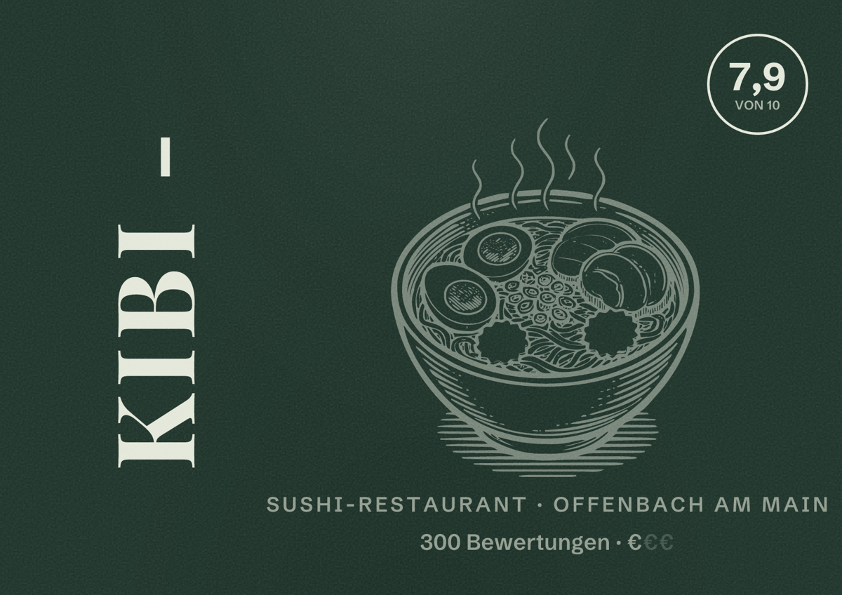 Illustriertes Poster von KiBi -, Sushi-Restaurant in Offenbach am Main: Bewertung 7,9 von 10 aus 300 Bewertungen, Preisniveau €