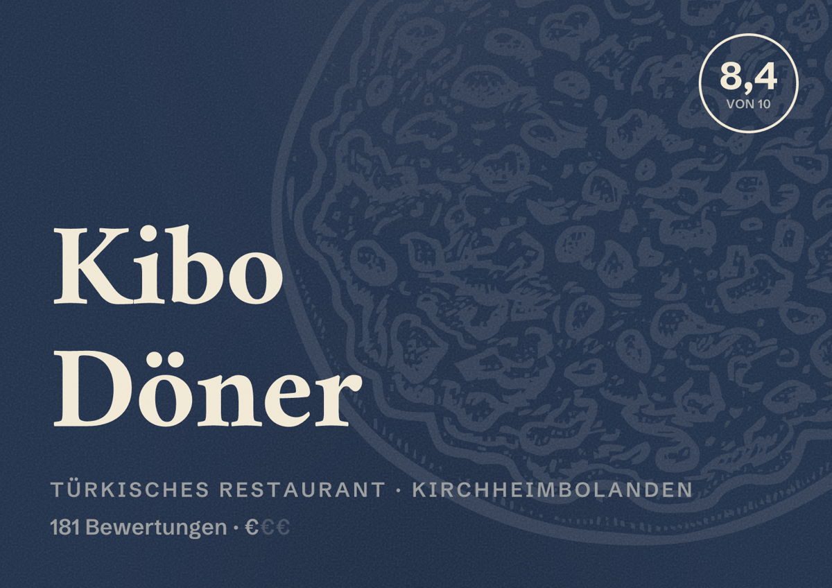 Illustriertes Poster von Kibo Döner, Türkisches Restaurant in Kirchheimbolanden: Bewertung 8,4 von 10 aus 181 Bewertungen, Preisniveau €