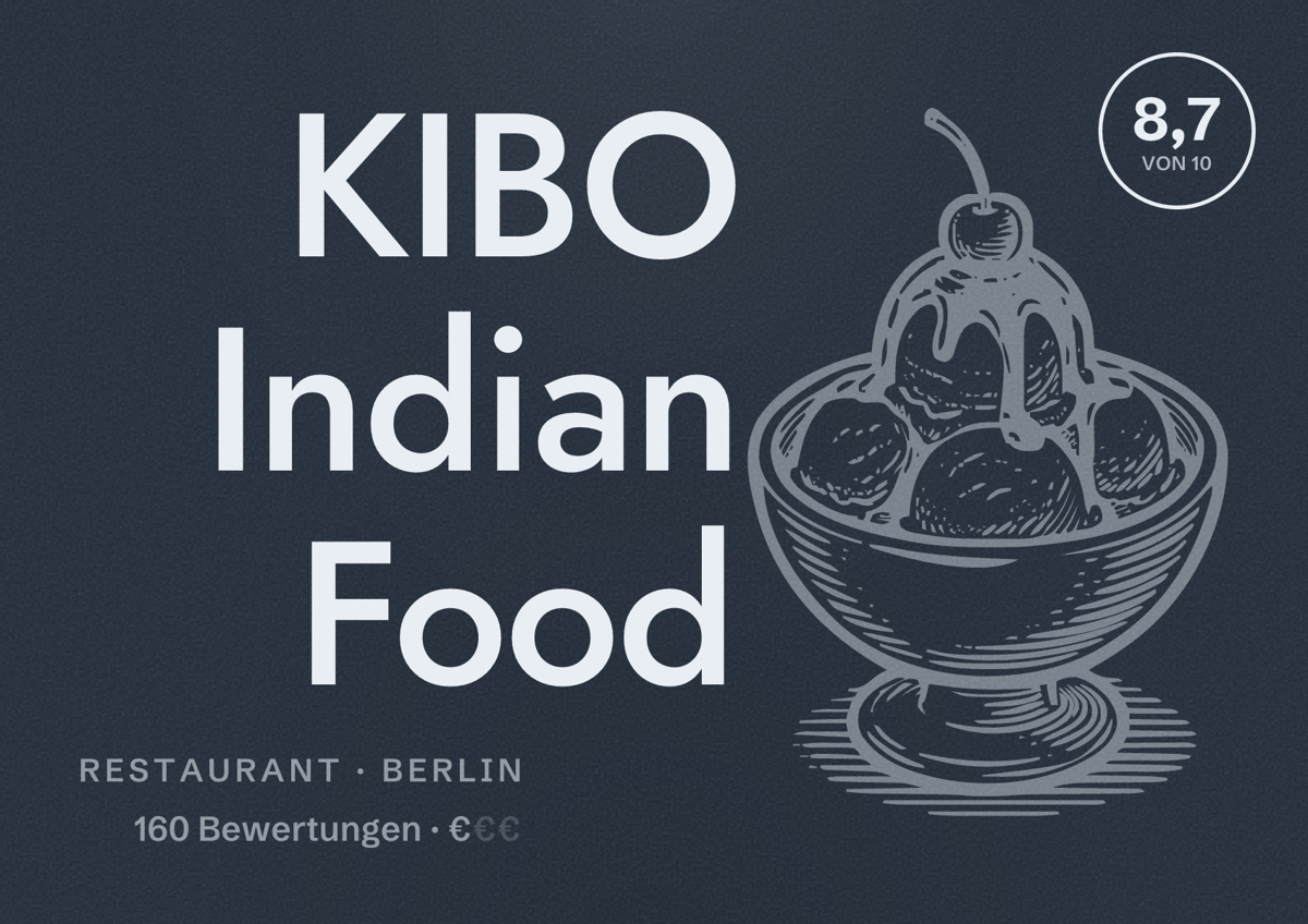 Illustriertes Poster von KIBO Indian Food, Restaurant in Berlin: Bewertung 8,7 von 10 aus 160 Bewertungen, Preisniveau €