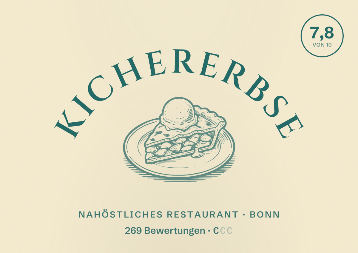 Illustriertes Poster von Kichererbse, Nahöstliches Restaurant in Bonn: Bewertung 7,8 von 10 aus 269 Bewertungen, Preisniveau €