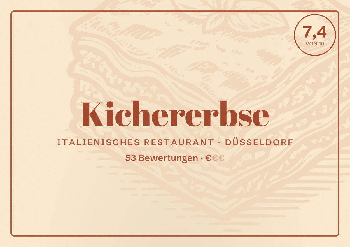 Illustriertes Poster von Kichererbse, Italienisches Restaurant in Düsseldorf: Bewertung 7,4 von 10 aus 53 Bewertungen, Preisniveau €