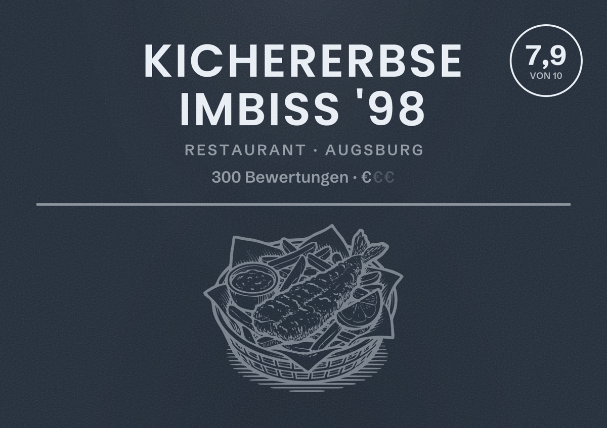 Illustriertes Poster von Kichererbse Imbiss '98, Restaurant in Augsburg: Bewertung 7,9 von 10 aus 300 Bewertungen, Preisniveau €