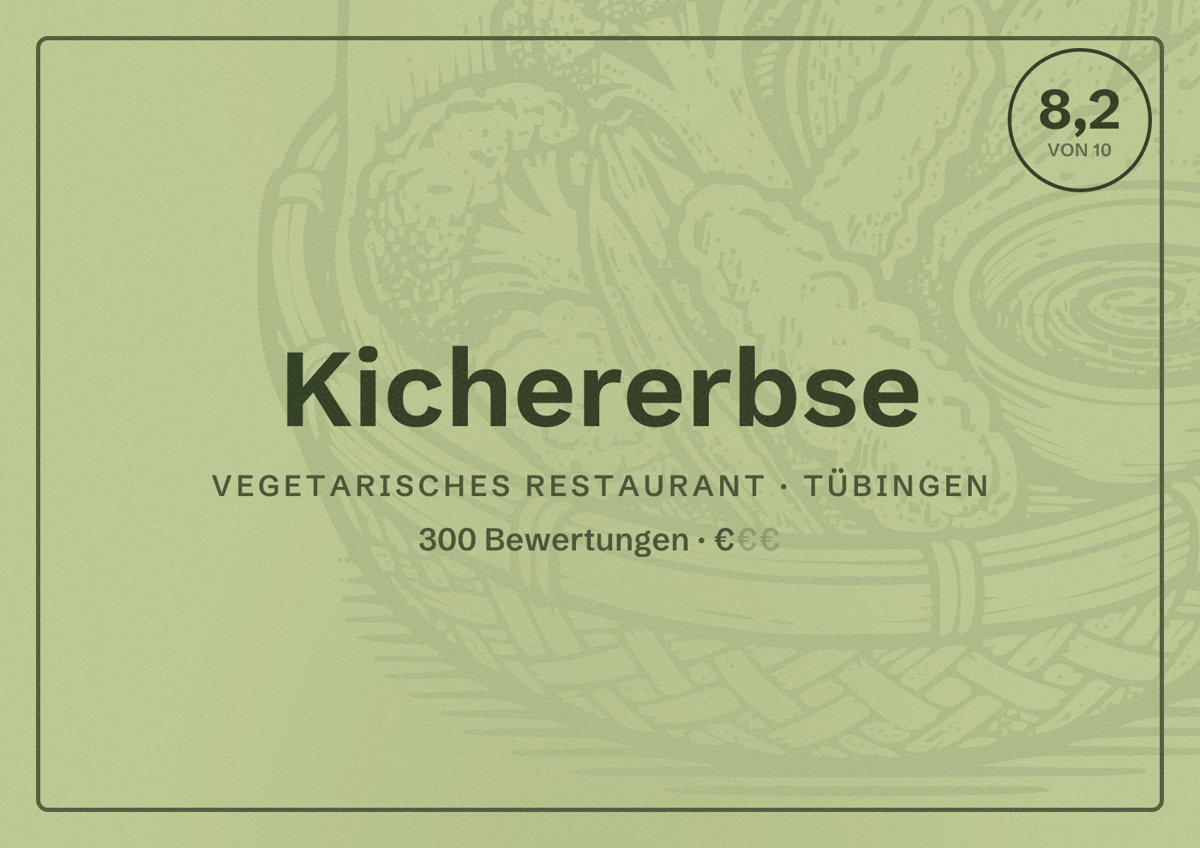 Illustriertes Poster von Kichererbse, Vegetarisches Restaurant in Tübingen: Bewertung 8,2 von 10 aus 300 Bewertungen, Preisniveau €
