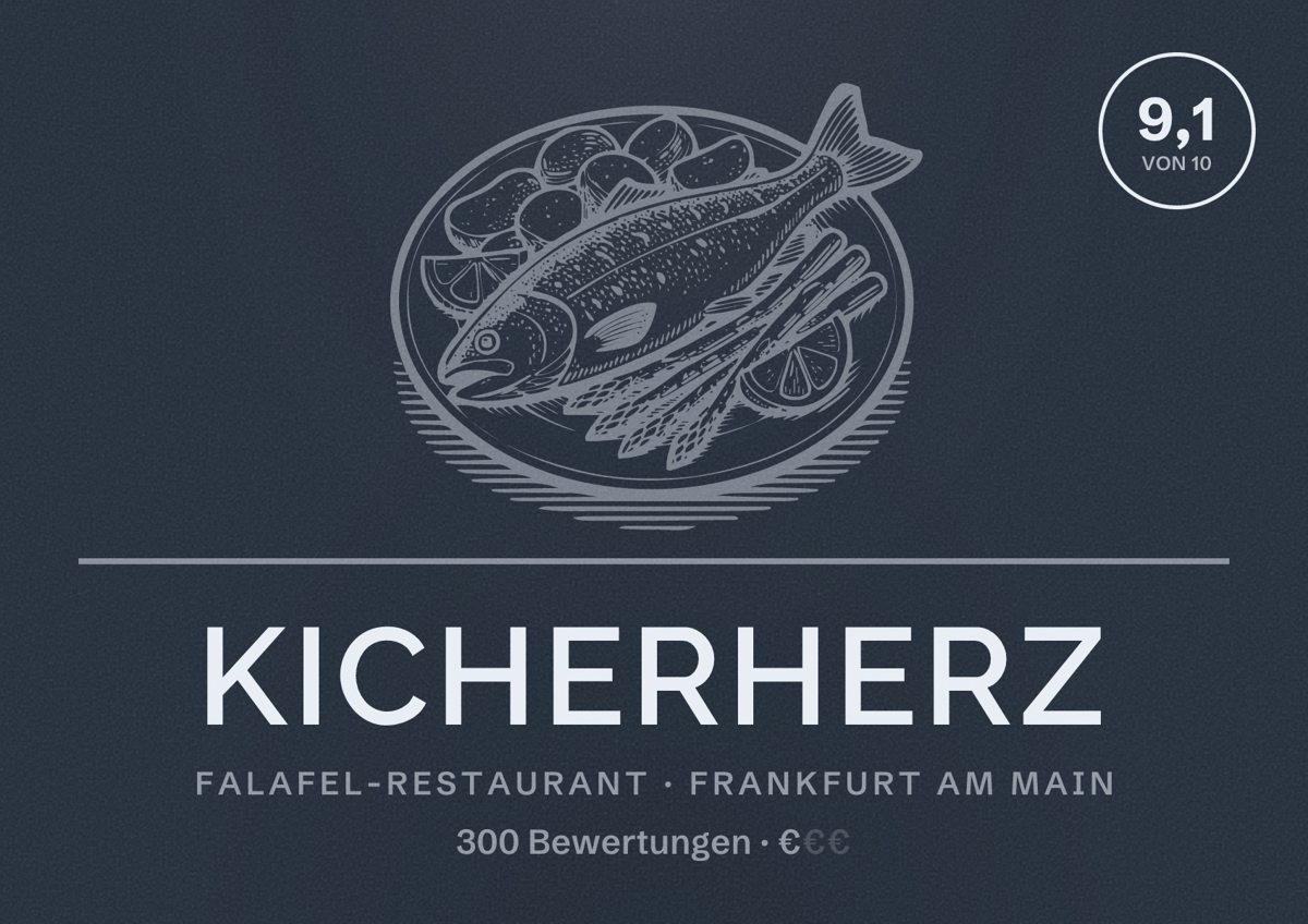 Illustriertes Poster von Kicherherz, Falafel-Restaurant in Frankfurt am Main: Bewertung 9,1 von 10 aus 300 Bewertungen, Preisniveau €