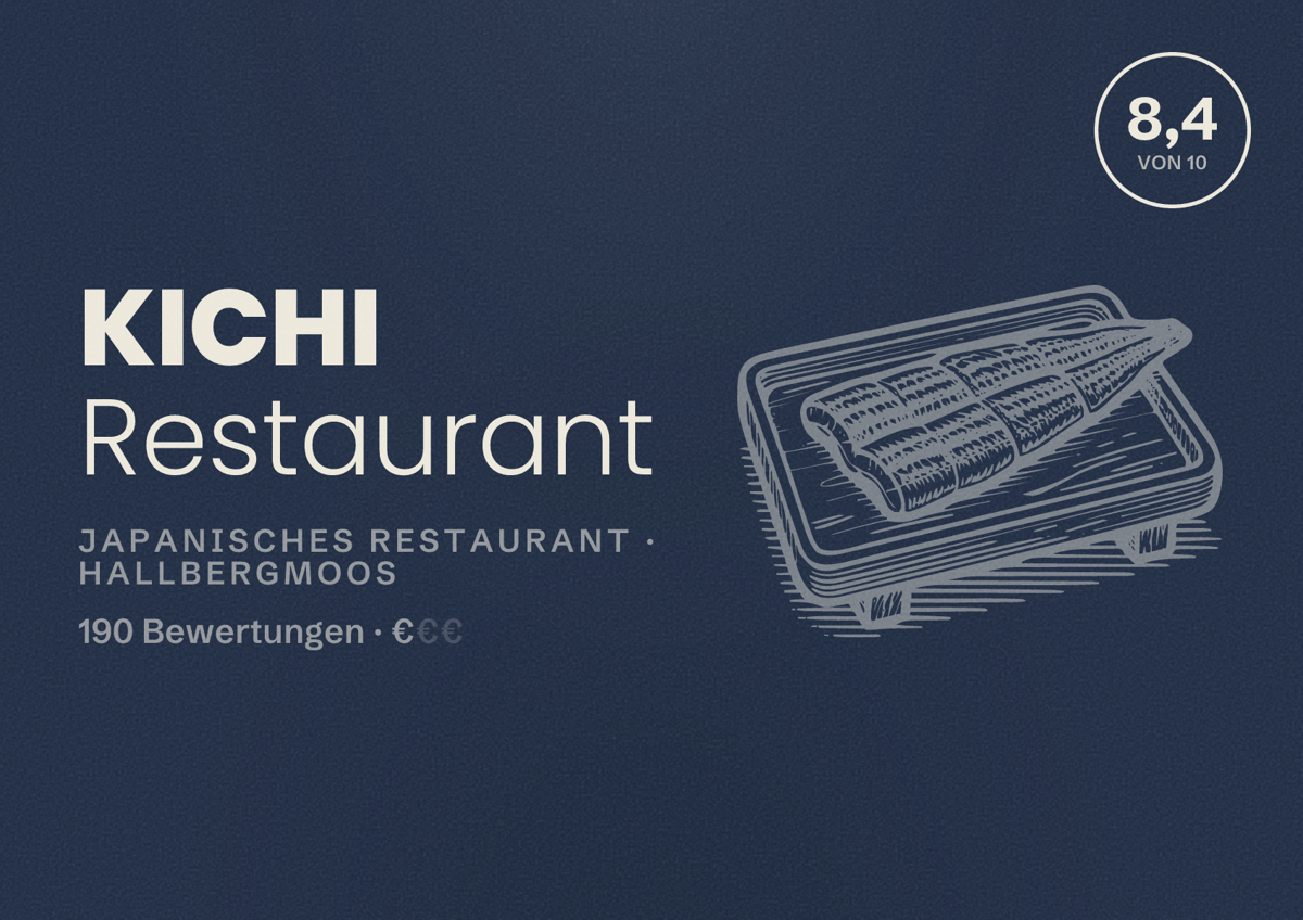 Illustriertes Poster von KICHI Restaurant, Japanisches Restaurant in Hallbergmoos: Bewertung 8,4 von 10 aus 190 Bewertungen, Preisniveau €