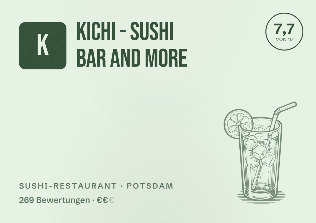 Illustriertes Poster von Kichi - Sushi Bar and More, Sushi-Restaurant in Potsdam: Bewertung 7,7 von 10 aus 269 Bewertungen, Preisniveau €€