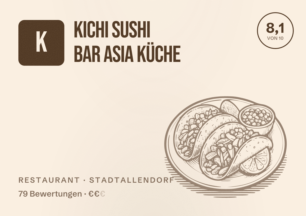 Illustriertes Poster von Kichi sushi bar asia Küche, Restaurant in Stadtallendorf: Bewertung 8,1 von 10 aus 79 Bewertungen, Preisniveau €€