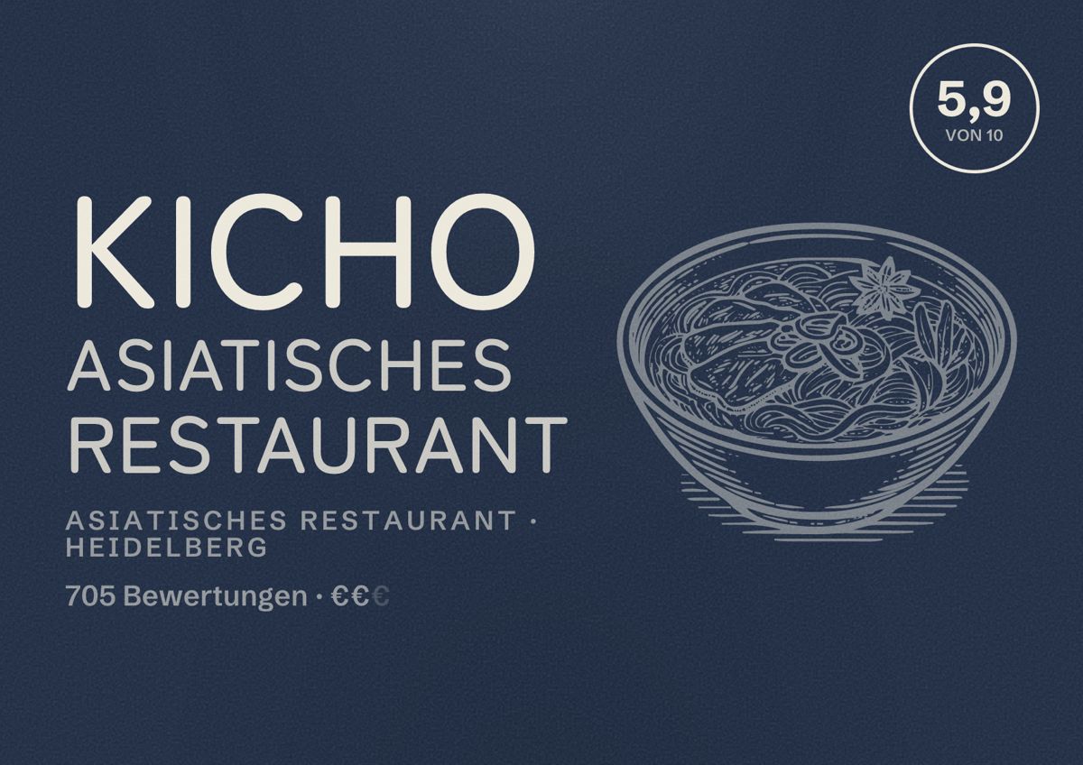 Illustriertes Poster von KICHO Asiatisches Restaurant, Asiatisches Restaurant in Heidelberg: Bewertung 5,9 von 10 aus 705 Bewertungen, Preisniveau €€