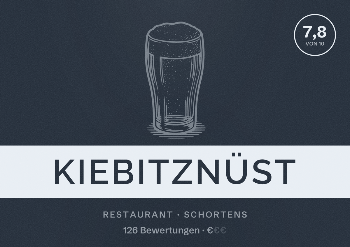 Illustriertes Poster von Kiebitznüst, Restaurant in Schortens: Bewertung 7,8 von 10 aus 126 Bewertungen, Preisniveau €