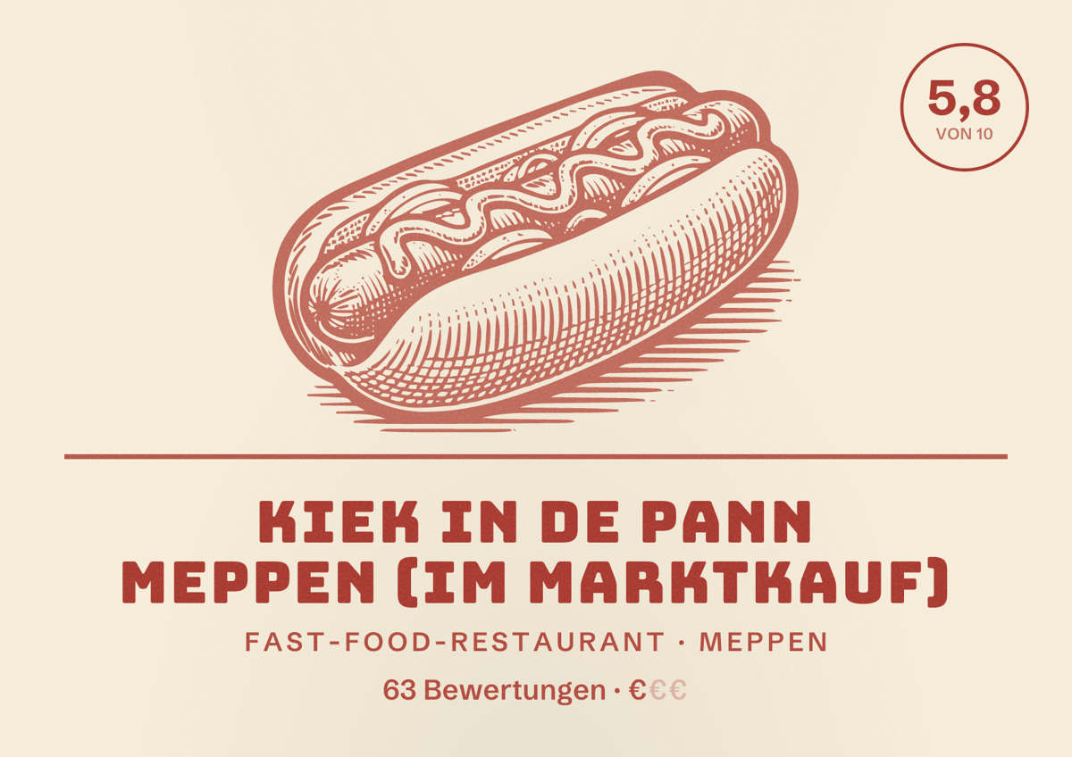 Illustriertes Poster von Kiek in de Pann Meppen (im Marktkauf), Fast-Food-Restaurant in Meppen: Bewertung 5,8 von 10 aus 63 Bewertungen, Preisniveau €