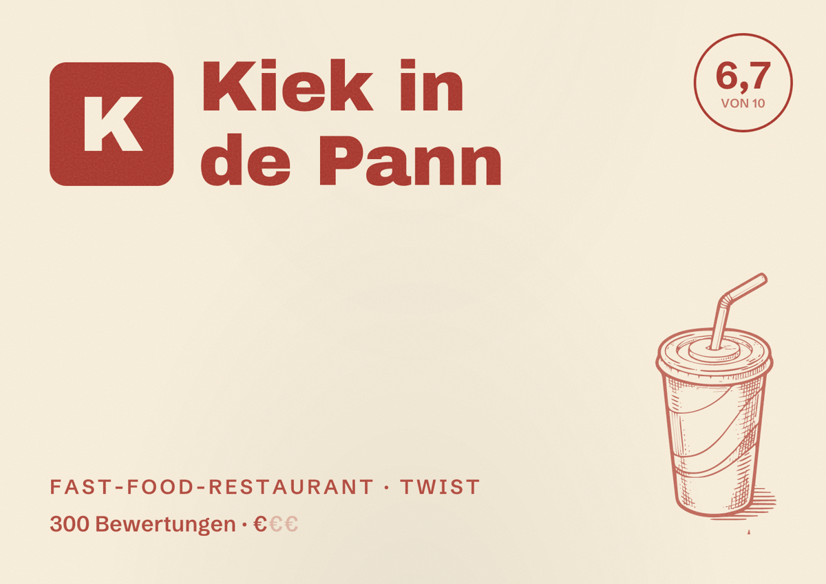 Illustriertes Poster von Kiek in de Pann, Fast-Food-Restaurant in Twist: Bewertung 6,7 von 10 aus 300 Bewertungen, Preisniveau €