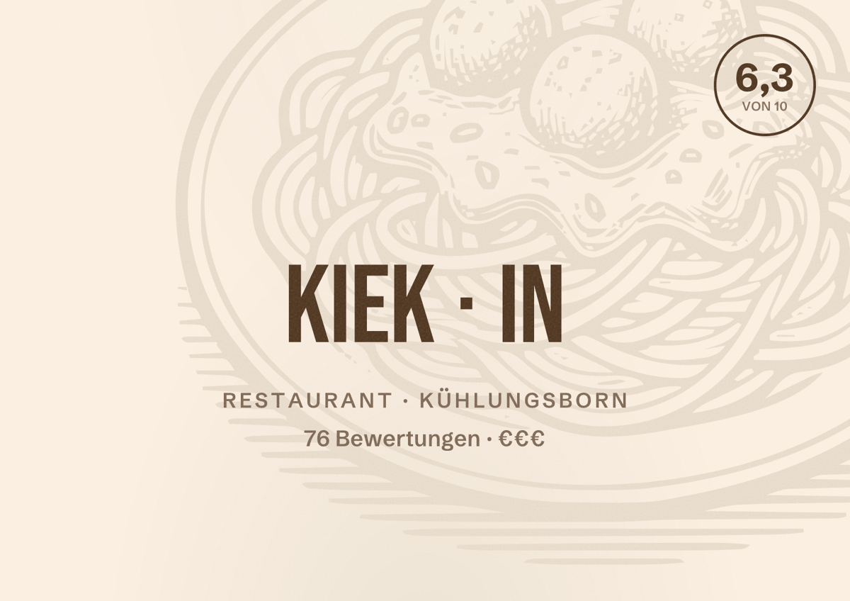 Illustriertes Poster von Kiek in, Restaurant in Kühlungsborn: Bewertung 6,3 von 10 aus 76 Bewertungen, Preisniveau €€€