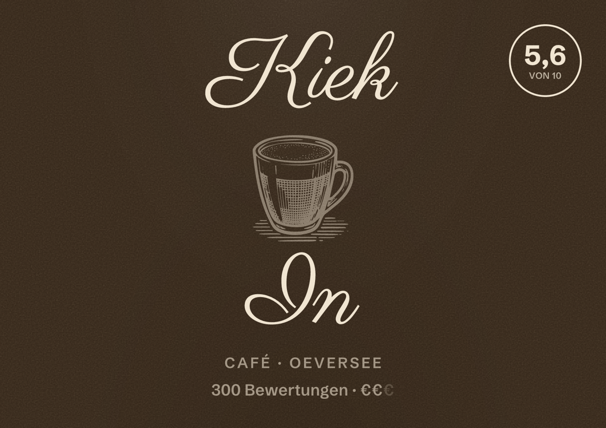 Illustriertes Poster von Kiek In, Café in Oeversee: Bewertung 5,6 von 10 aus 300 Bewertungen, Preisniveau €€