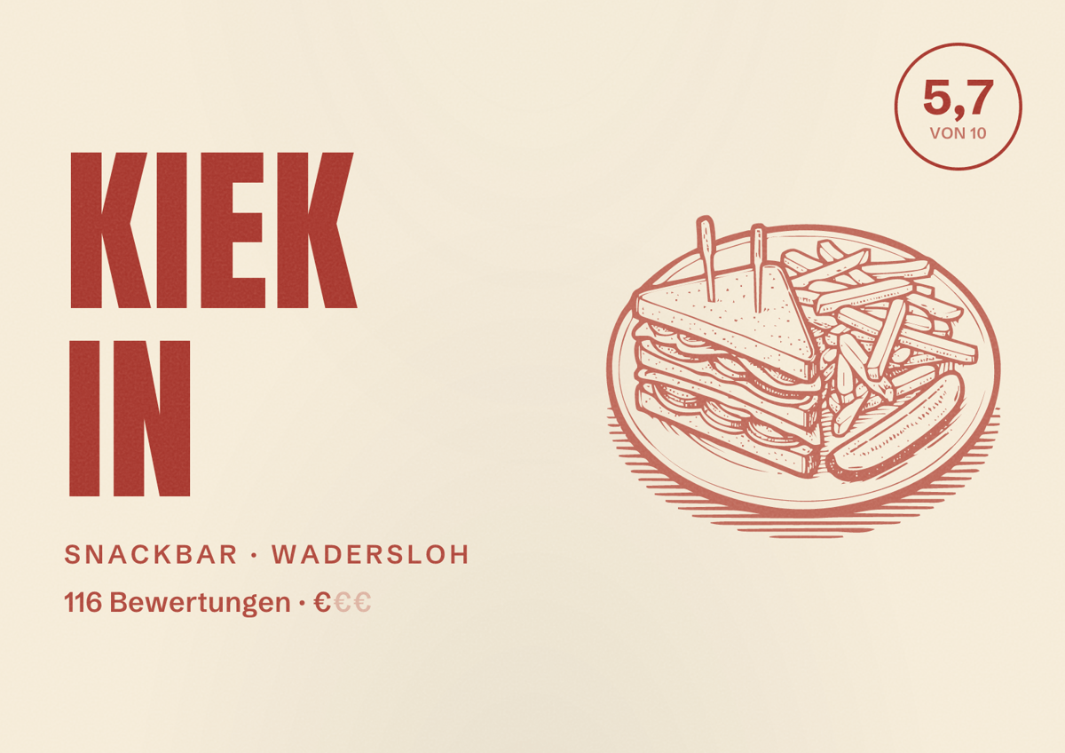 Illustriertes Poster von Kiek in, Snackbar in Wadersloh: Bewertung 5,7 von 10 aus 116 Bewertungen, Preisniveau €