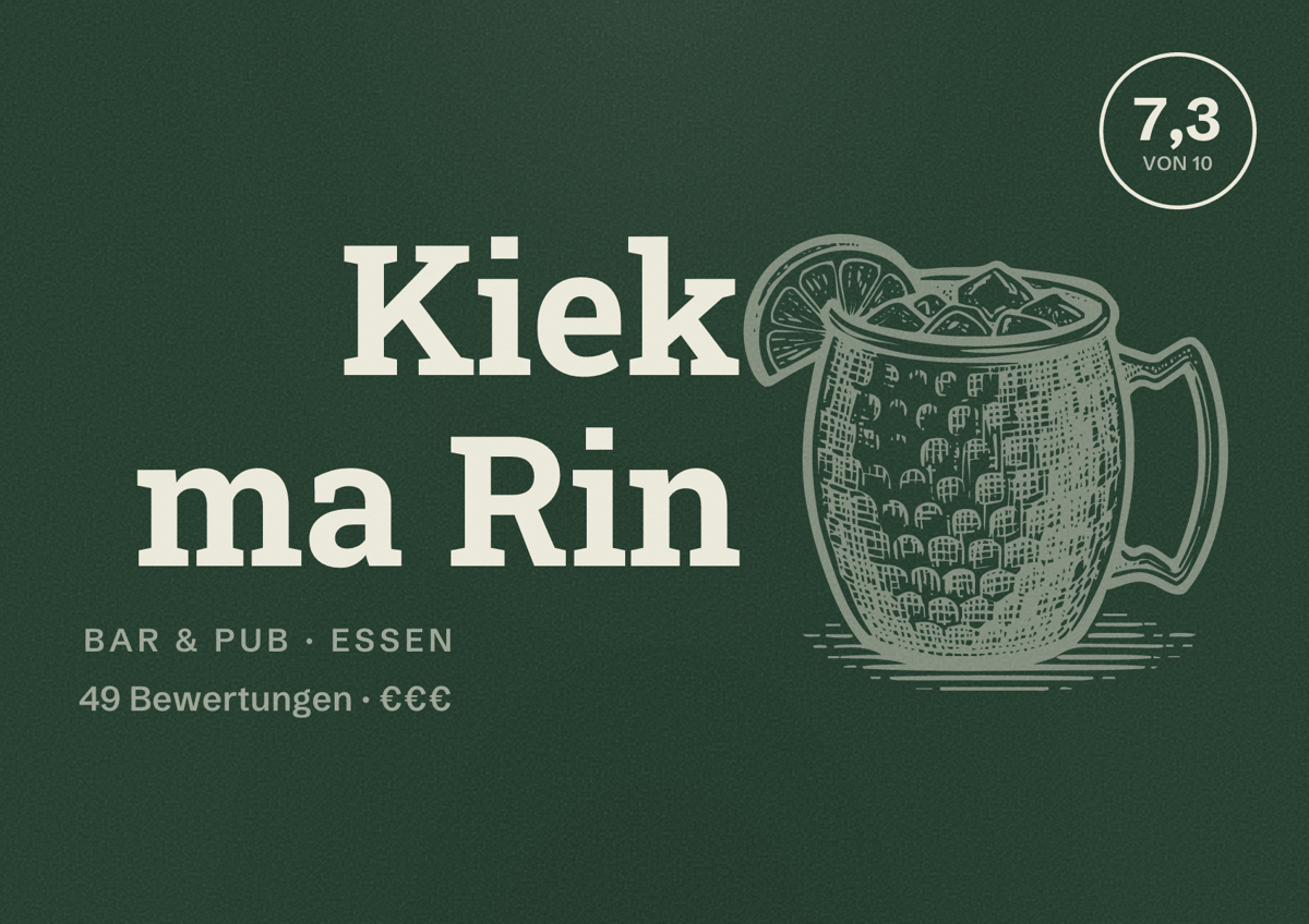 Illustriertes Poster von Kiek ma Rin, Bar & Pub in Essen: Bewertung 7,3 von 10 aus 49 Bewertungen, Preisniveau €€€