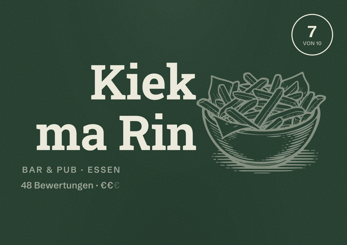 Illustriertes Poster von Kiek ma Rin, Bar & Pub in Essen: Bewertung 7 von 10 aus 48 Bewertungen, Preisniveau €€