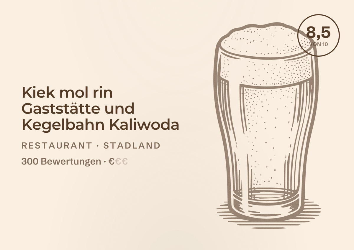 Illustriertes Poster von Kiek mol rin Gaststätte und Kegelbahn Kaliwoda, Restaurant in Stadland: Bewertung 8,5 von 10 aus 300 Bewertungen, Preisniveau €