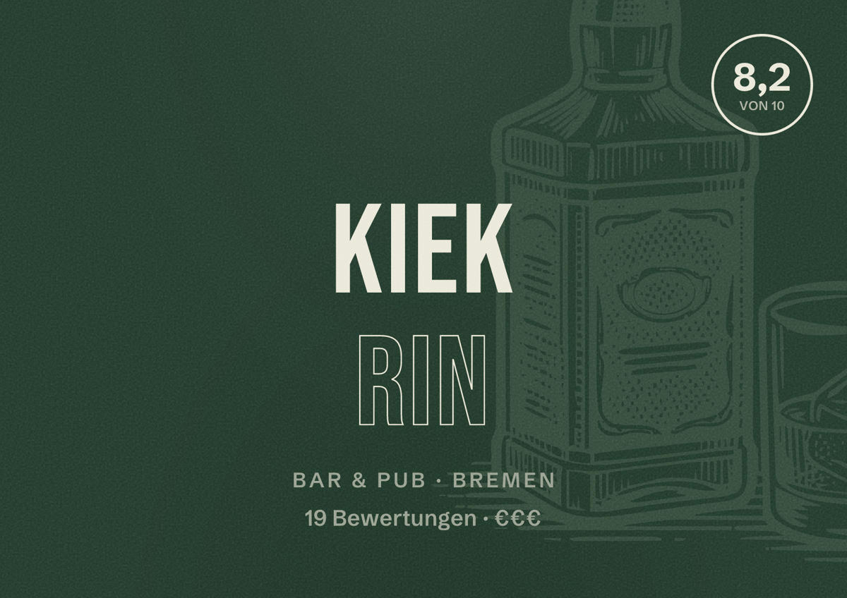 Illustriertes Poster von Kiek rin, Bar & Pub in Bremen: Bewertung 8,2 von 10 aus 19 Bewertungen, Preisniveau €€€