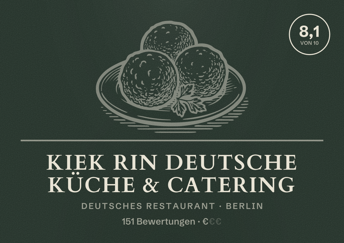 Illustriertes Poster von Kiek rin Deutsche Küche & Catering, Deutsches Restaurant in Berlin: Bewertung 8,1 von 10 aus 151 Bewertungen, Preisniveau €