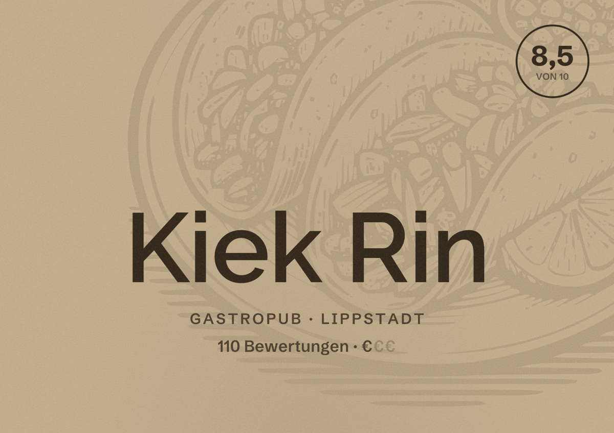 Illustriertes Poster von Kiek Rin, Gastropub in Lippstadt: Bewertung 8,5 von 10 aus 110 Bewertungen, Preisniveau €