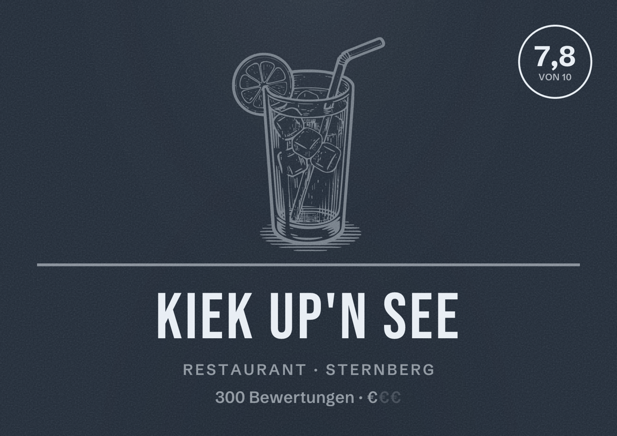 Illustriertes Poster von Kiek up'n See, Restaurant in Sternberg: Bewertung 7,8 von 10 aus 300 Bewertungen, Preisniveau €