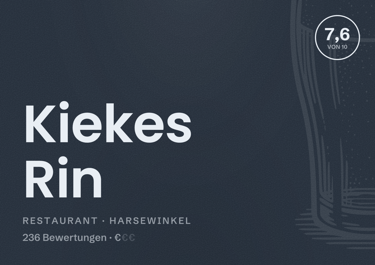 Illustriertes Poster von Kiekes Rin, Restaurant in Harsewinkel: Bewertung 7,6 von 10 aus 236 Bewertungen, Preisniveau €