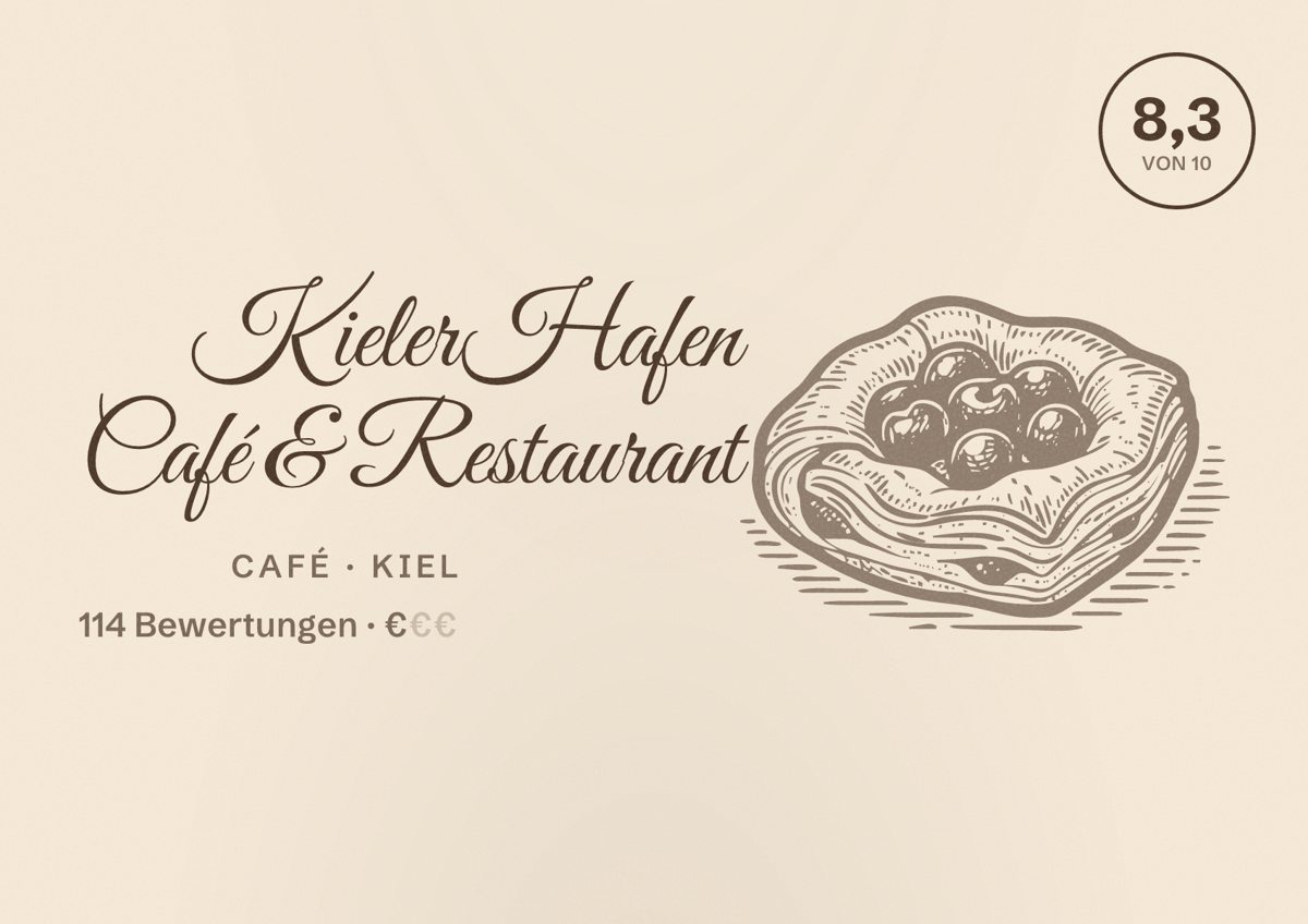 Illustriertes Poster von Kieler Hafen Café & Restaurant, Café in Kiel: Bewertung 8,3 von 10 aus 114 Bewertungen, Preisniveau €